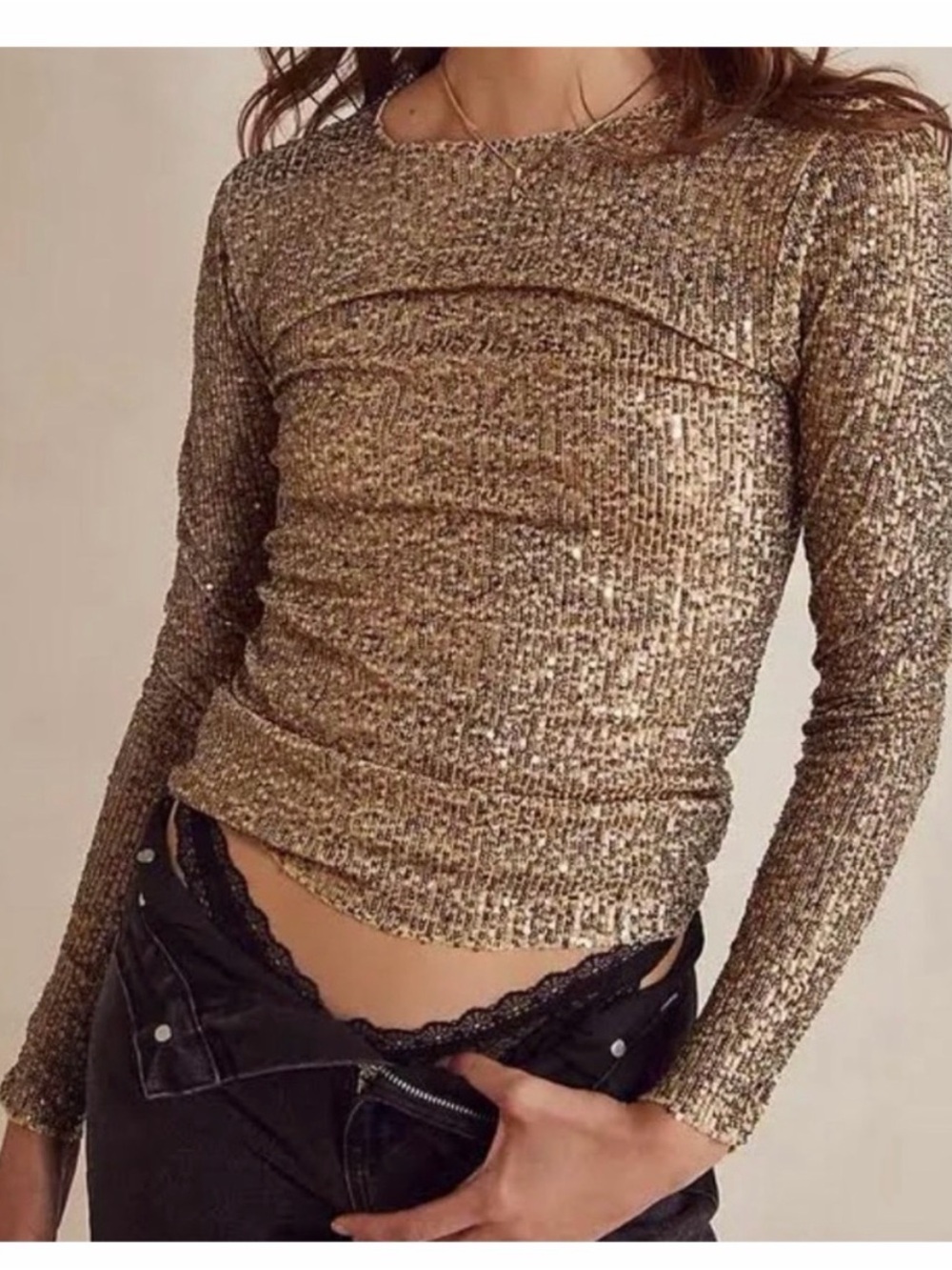 NWT Free People Intimately Gold Rush Long Sleeve Top Sequins Size XL